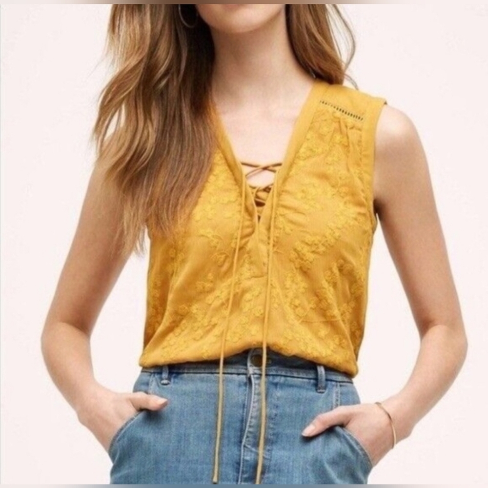 Anthropologie Maeve Mustard Yellow Lace Up Tank Blouse Sz 14